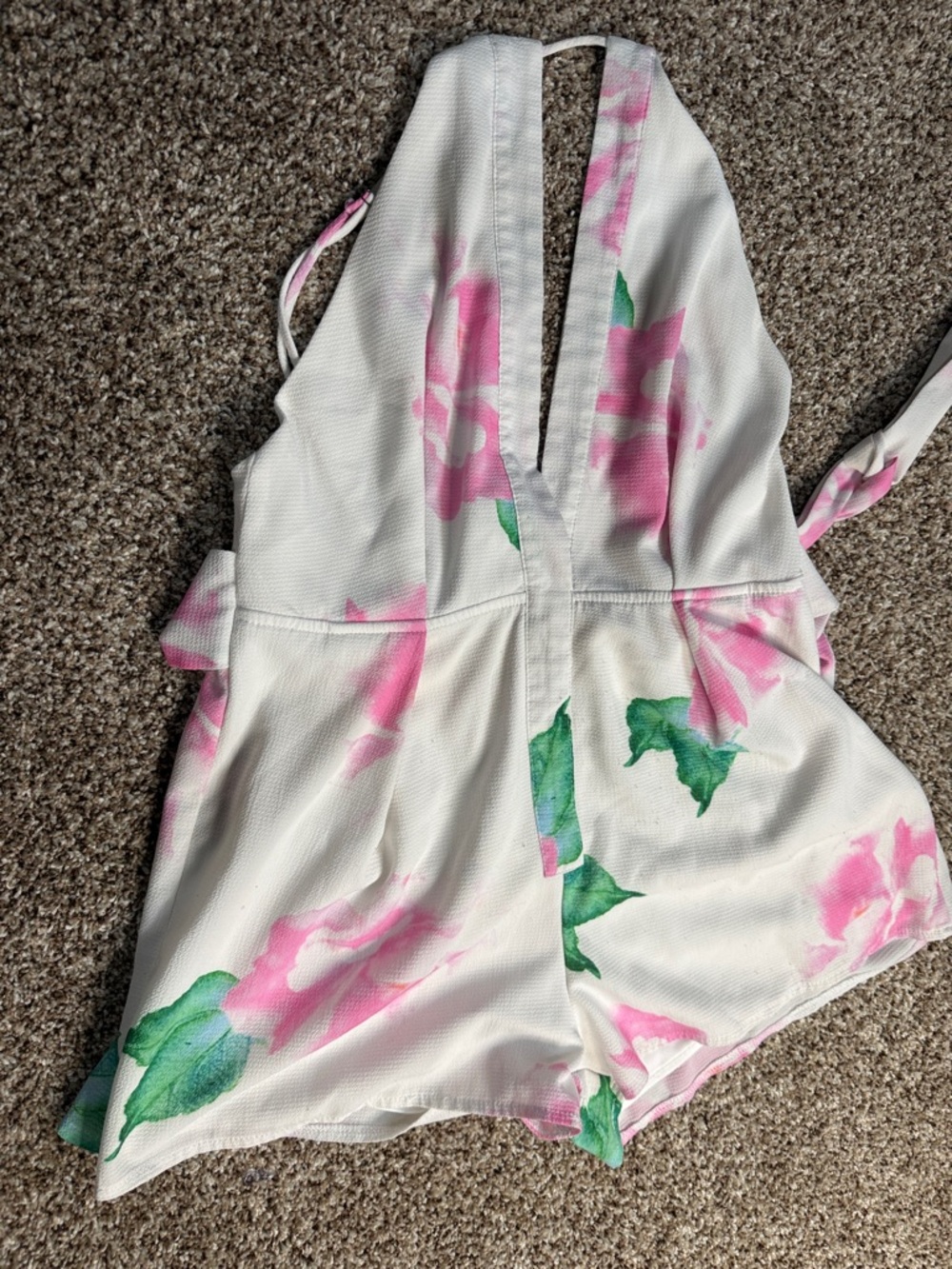 L'ATISTE White Halter Romper with Pink Floral and Green Leaves